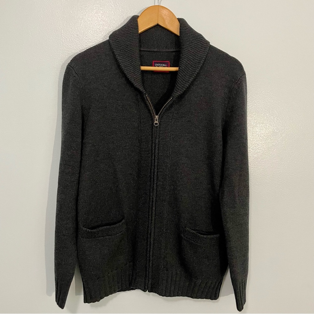 UNTUCKit Barron Gray Wool Blend Zip Up Sweater with Shawl Collar S